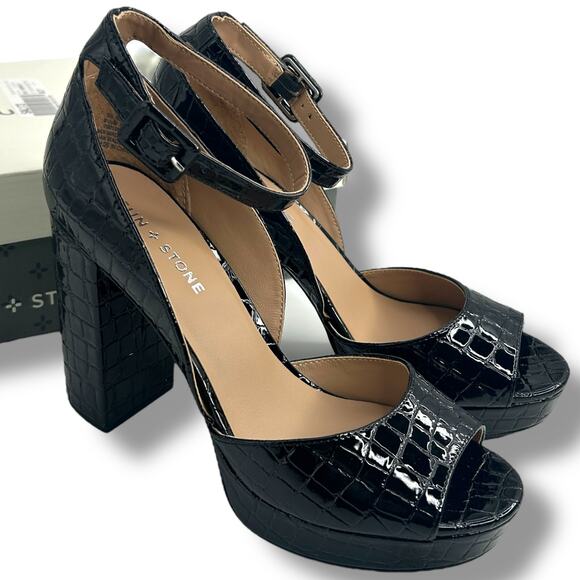 NEW Sun + Stone Black Patent Mock Croc Platform Heels Size 9.5 Ankle Strap Peep - Picture 1 of 14